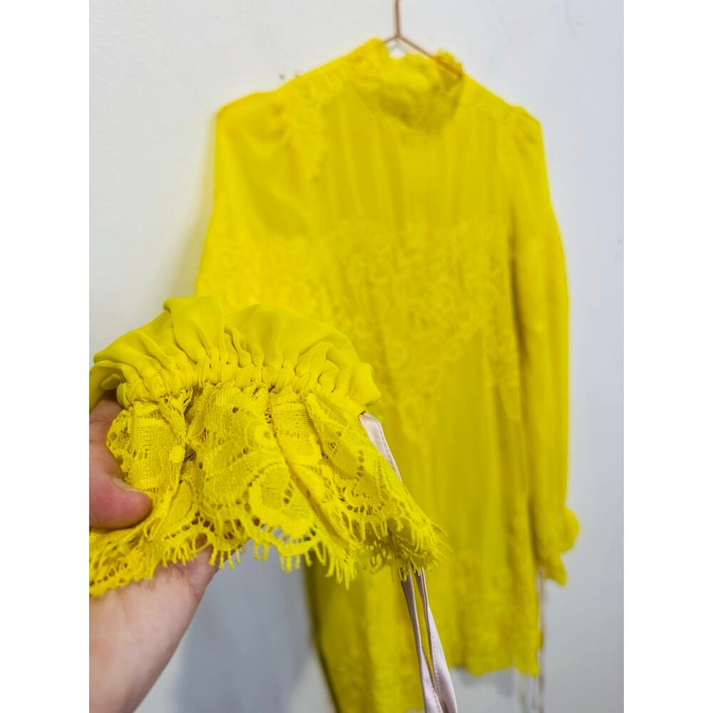 HOT AS HELL HAH Neon Yellow Lace Covered Long Sleeve High Neck Mini Dress sz S - Picture 5 of 16